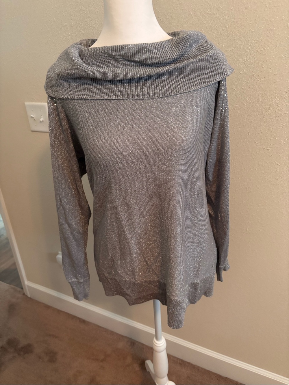 Ruby Rd. Shimmery Cowl Neck Sweater in Silver